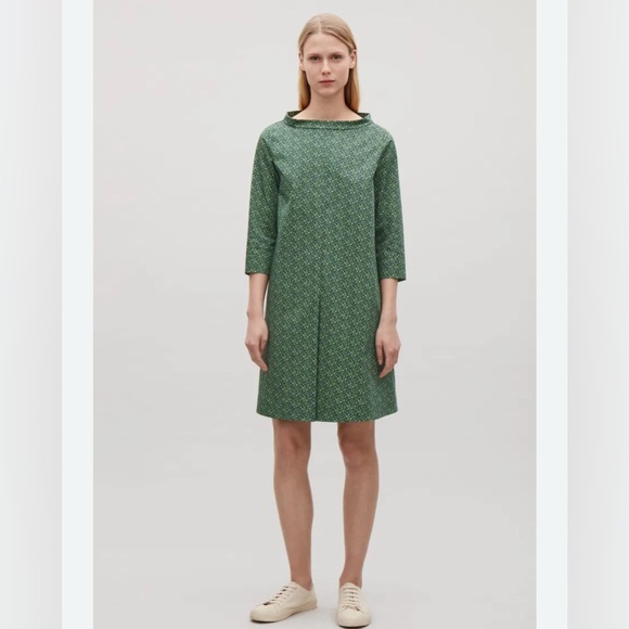 New COS stand collar a line poplin dress Kelly Green navy blue Patterned Dress 8 - Picture 2 of 16
